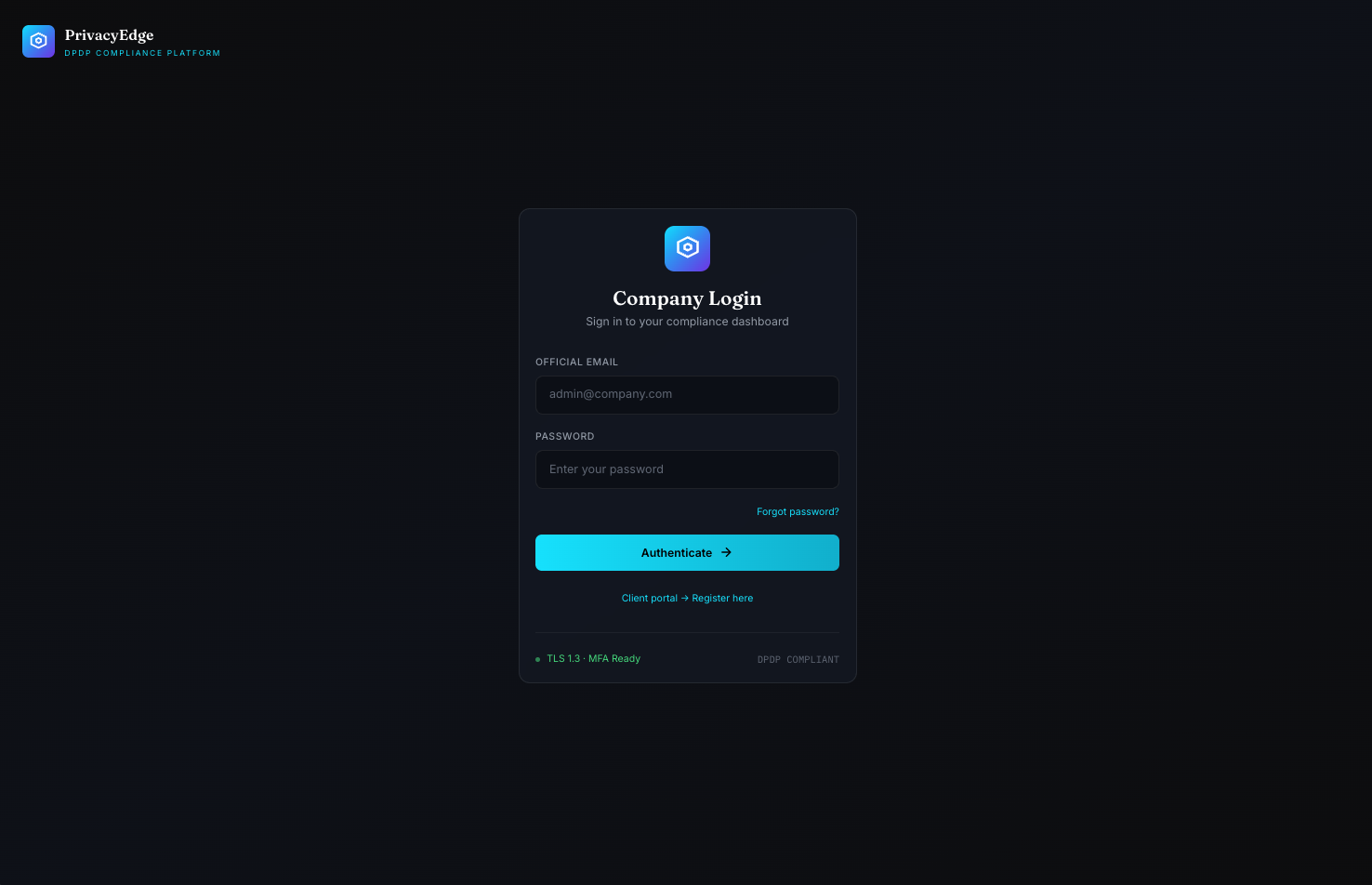 PrivacyEdge DPDP Compliance Application interface showing consent manager, audit trails, and data subject rights dashboard